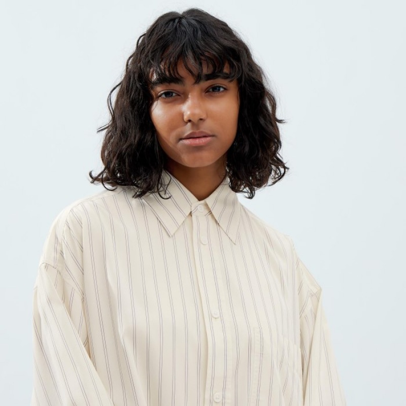 White Uniqlo Draped Striped Long-Sleeve Women Shirts | 3350482