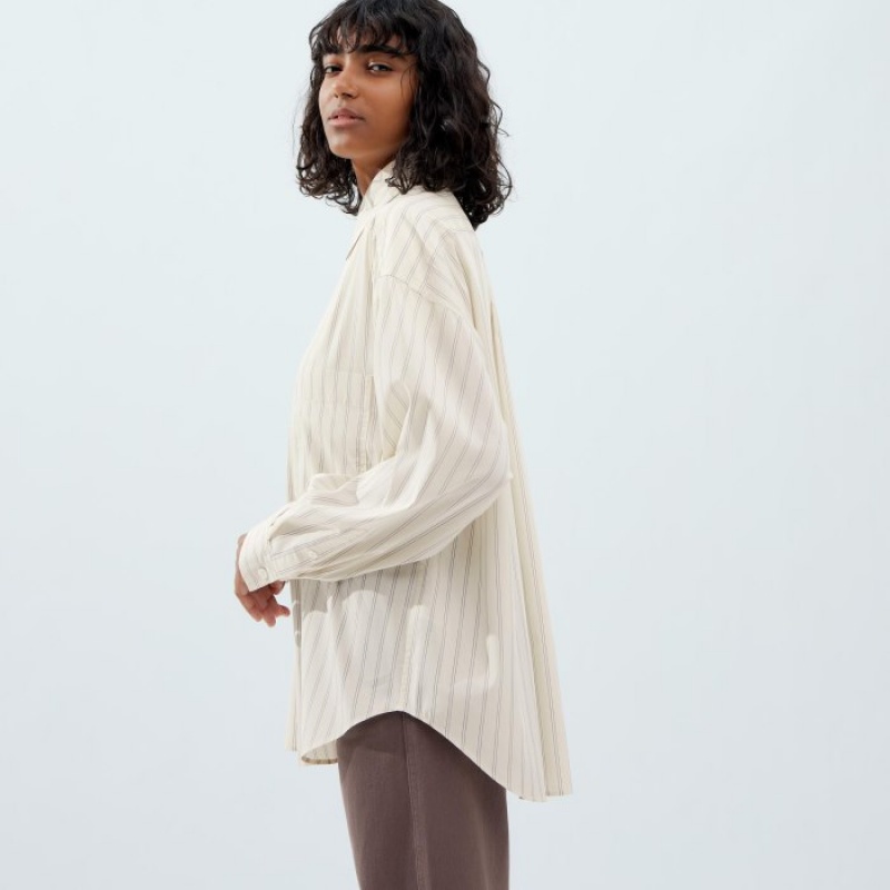 White Uniqlo Draped Striped Long-Sleeve Women Shirts | 3350482
