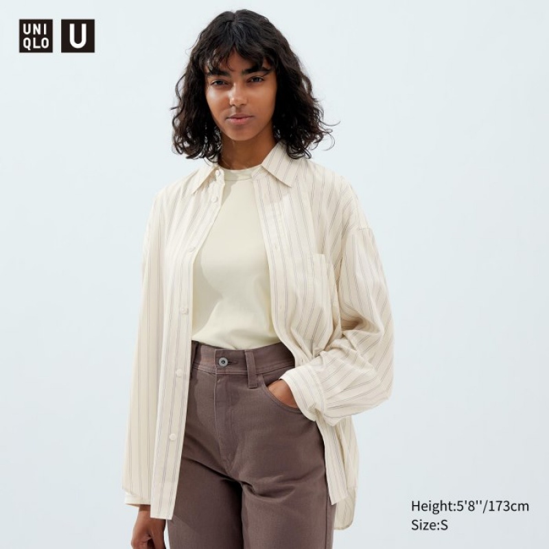White Uniqlo Draped Striped Long-Sleeve Women Shirts | 3350482