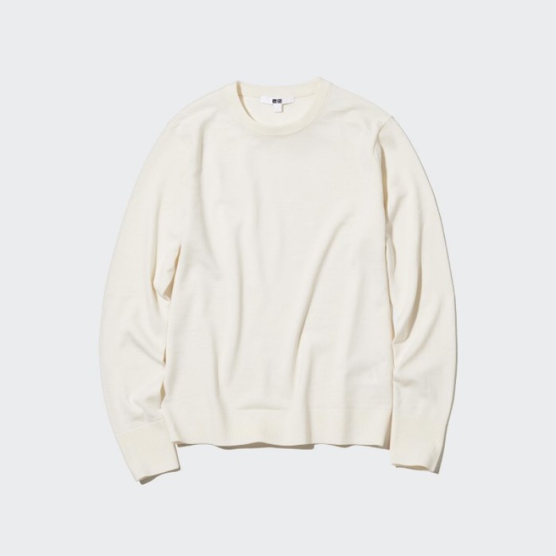 White Uniqlo Extra Fine Merino Crew Neck Long-Sleeve Women Sweaters | 3375569
