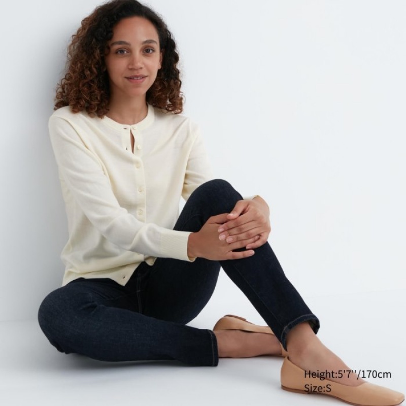 White Uniqlo Extra Fine Merino Crew Neck Women Cardigan | 3621551