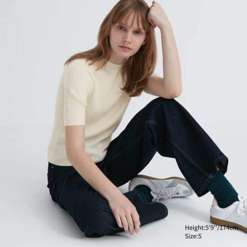 White Uniqlo Extra Fine Merino Ribbed Mock Neck Half-Sleeve Women Sweaters | 1802434