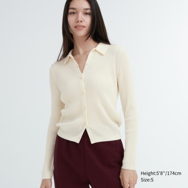 White Uniqlo Extra Fine Merino Ribbed Polo Women Cardigan | 5458555