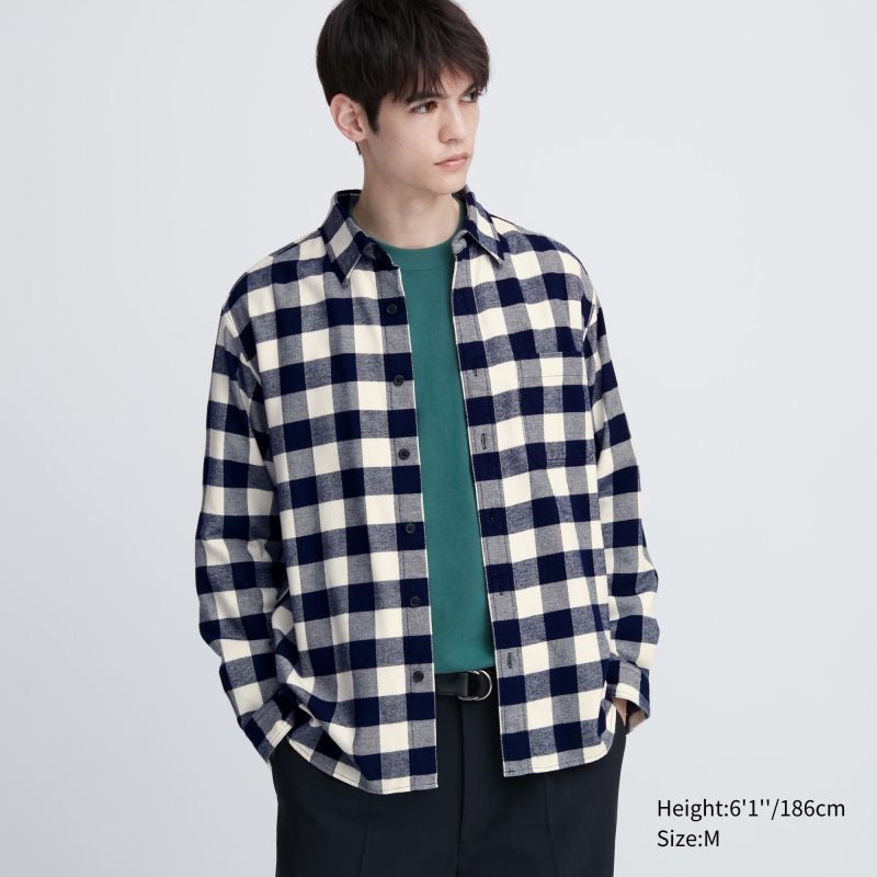 White Uniqlo Flannel Checked Long-sleeve Men Shirts | 9348687