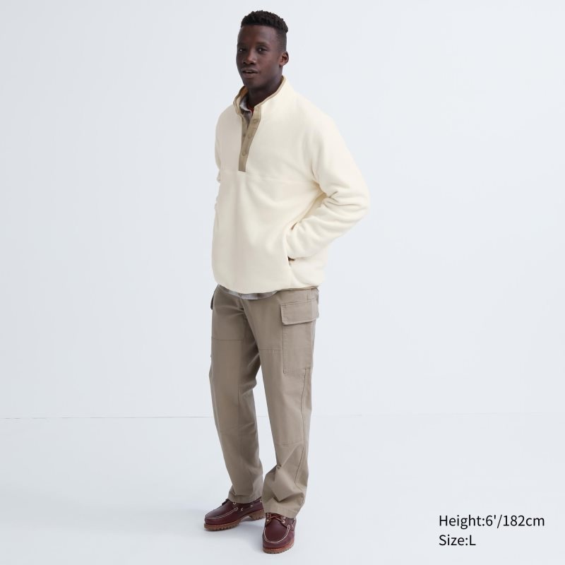 White Uniqlo Fleece Button Up Long Sleeve Pullover Men Hoodie | 9915845