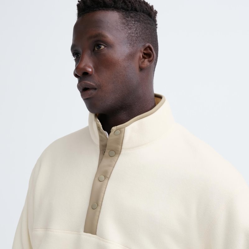 White Uniqlo Fleece Button Up Long Sleeve Pullover Men Hoodie | 9915845