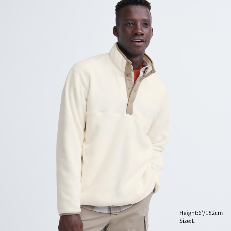 White Uniqlo Fleece Button Up Long Sleeve Pullover Men Hoodie | 9915845