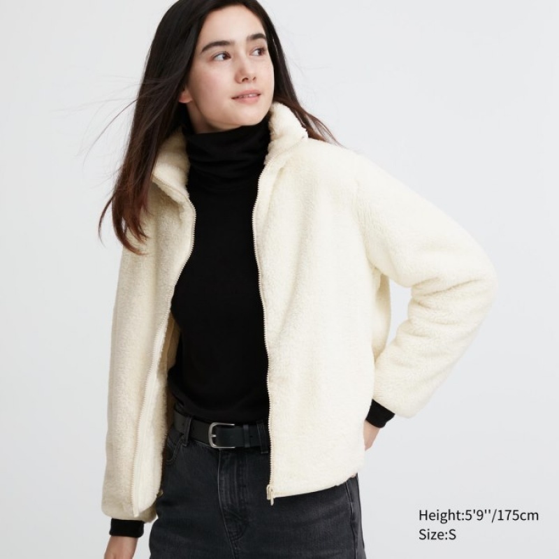 White Uniqlo Fluffy Yarn Fleece Full-Zip Women Jackets | 350366