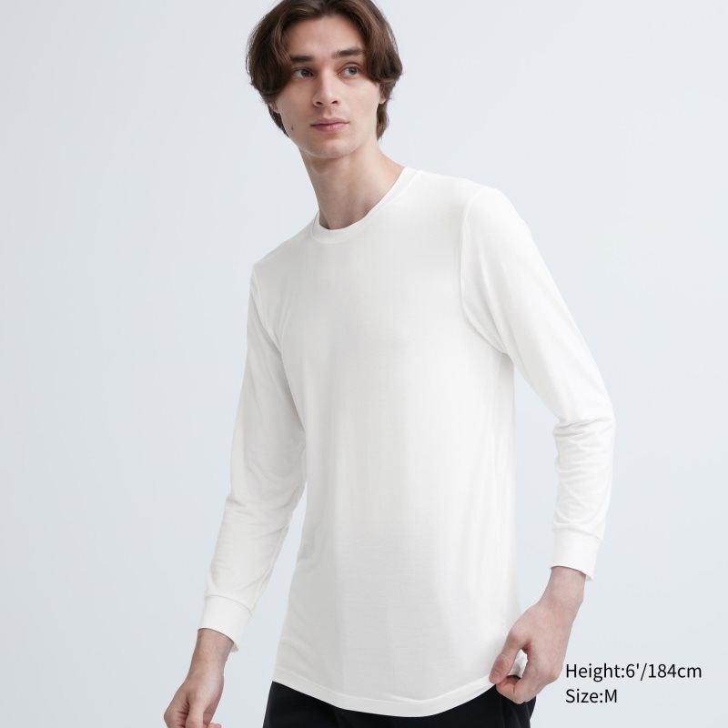 White Uniqlo Heattech Crew Neck Long-sleeve Men T Shirts | 930215