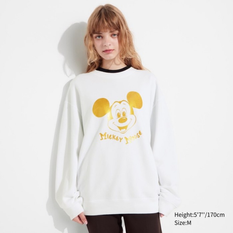 White Uniqlo Mickey Shines Long-Sleeve Women Sweatshirts | 4330802