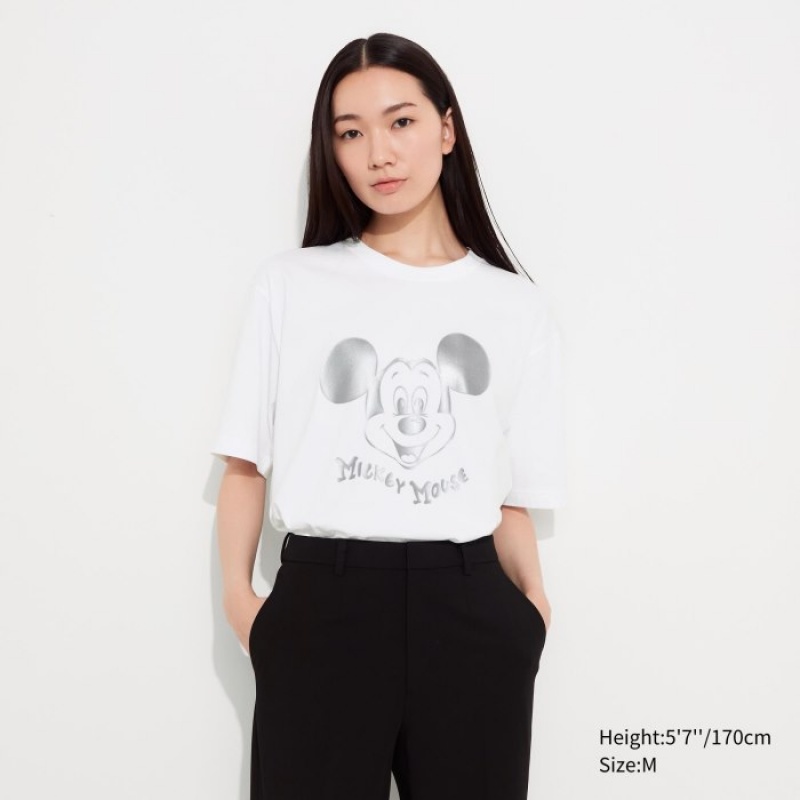 White Uniqlo Mickey Shines UT Short-Sleeve Women T Shirts | 1853950