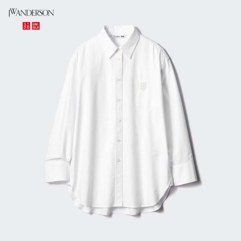 White Uniqlo Oxford Long-Sleeve Long Women Shirts | 6855439