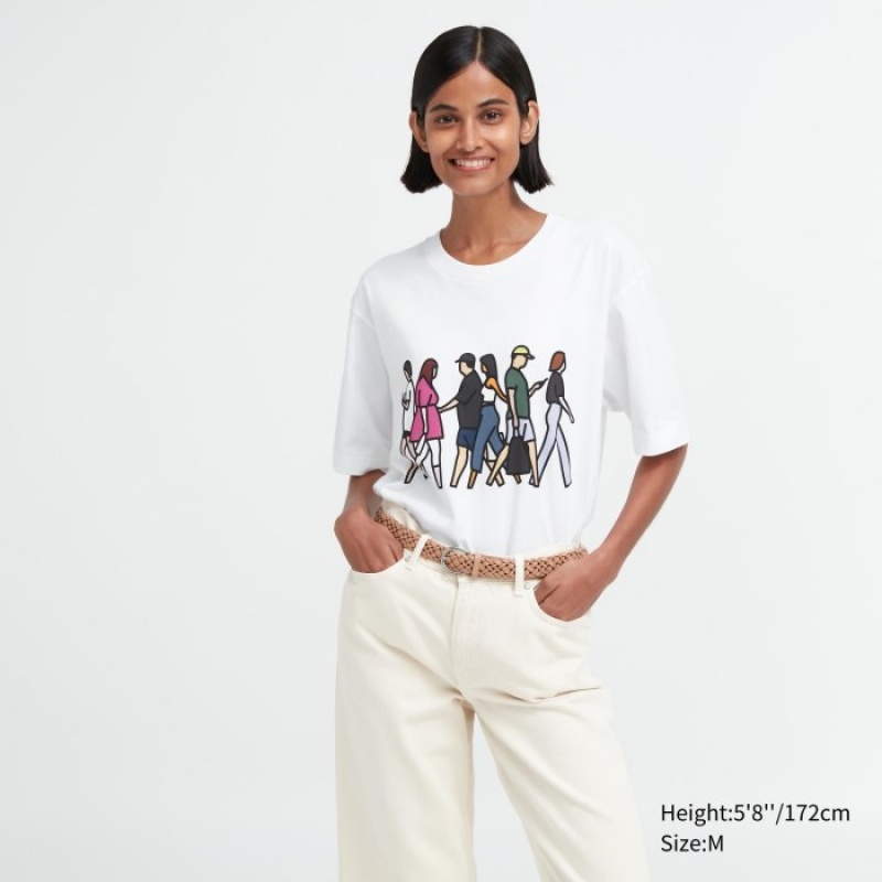 White Uniqlo PEACE FOR ALL Short-Sleeve Graphic Julian Opie Women T Shirts | 1214819