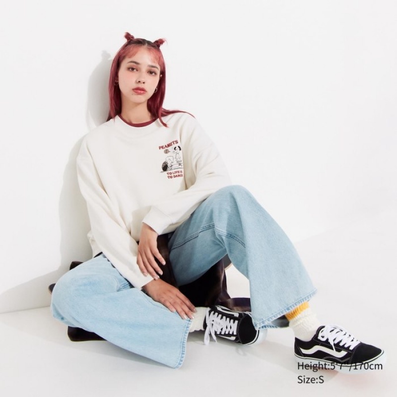 White Uniqlo PEANUTS Dance Time with Snoopy Long-Sleeve Women Sweatshirts | 6345783