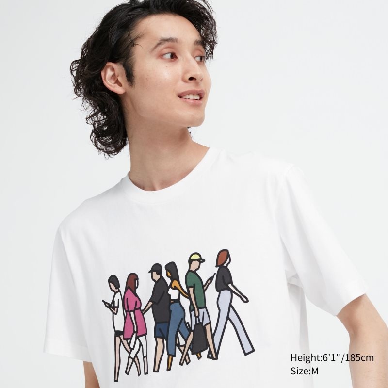 White Uniqlo Peace For All Julian Opie Short-sleeve Graphic Men T Shirts | 3981640
