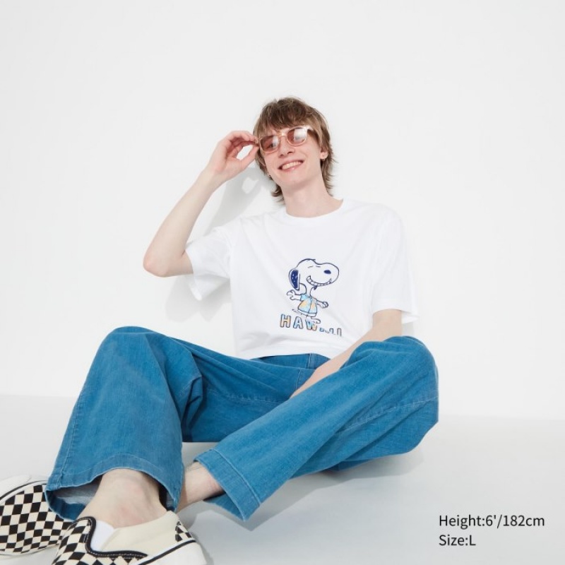 White Uniqlo Peanuts Hawaii UT Short Sleeve Women T Shirts | 2699426