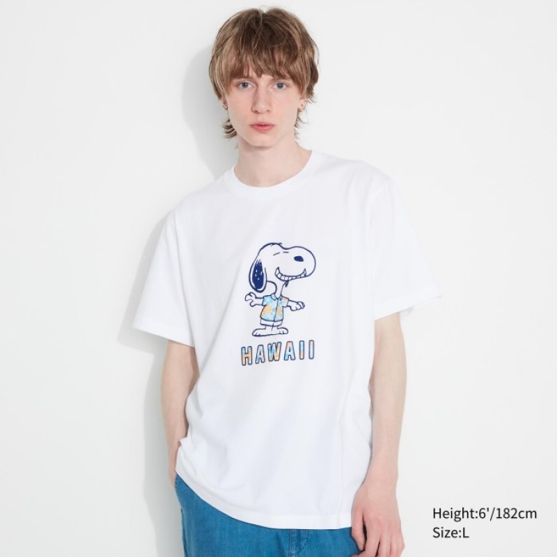 White Uniqlo Peanuts Hawaii UT Short Sleeve Women T Shirts | 2699426