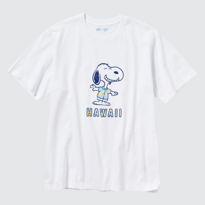 White Uniqlo Peanuts Hawaii UT Short Sleeve Women T Shirts | 2699426