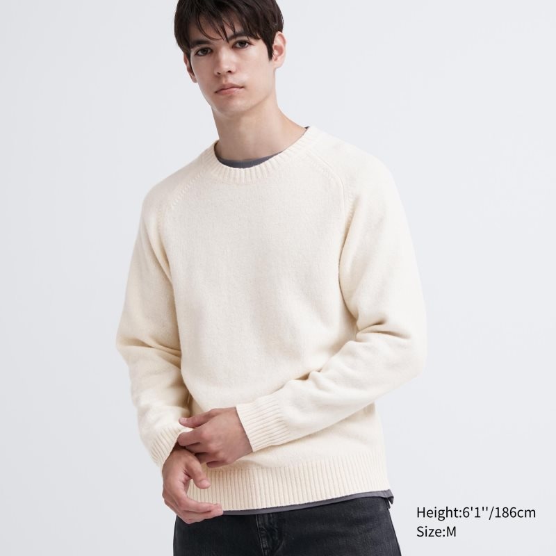 White Uniqlo Premium Lambswool Crew Neck Long Sleeve Men Sweaters | 9114178