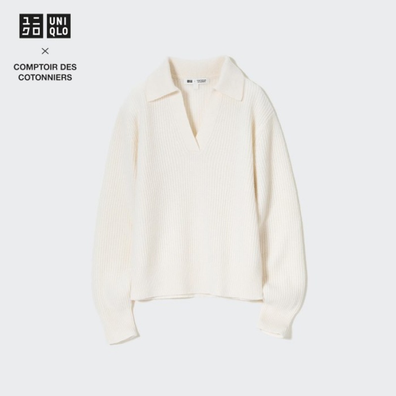 White Uniqlo Premium Lambswool Long-Sleeve Polo Women Sweaters | 8019546