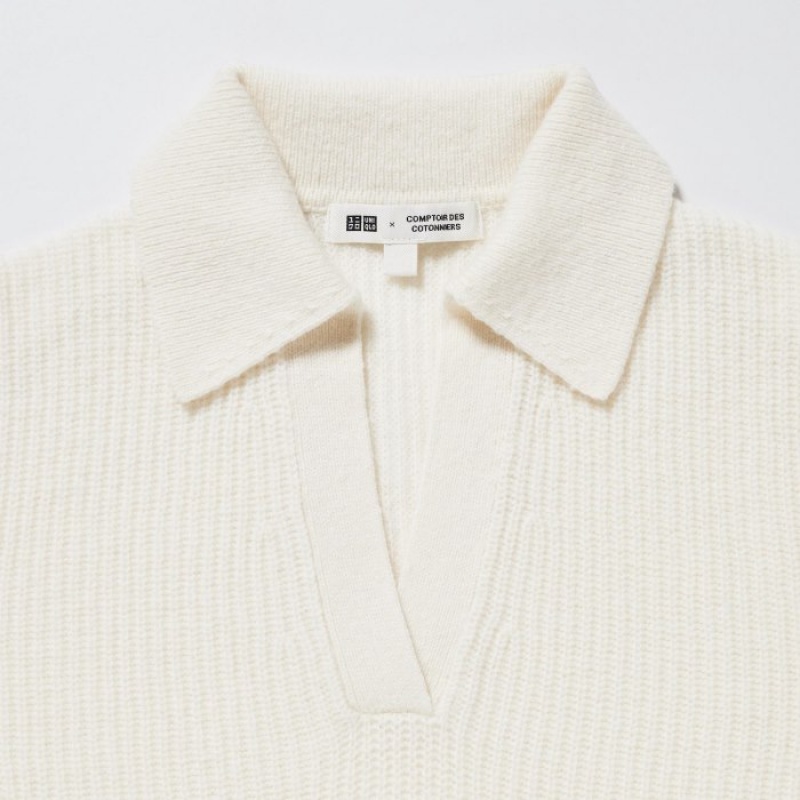 White Uniqlo Premium Lambswool Long-Sleeve Polo Women Sweaters | 8019546
