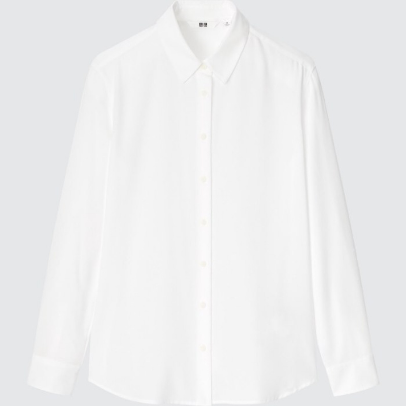 White Uniqlo Rayon Long-Sleeve Women Blouse | 5342367