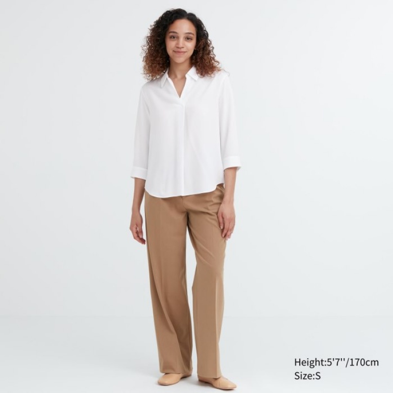White Uniqlo Rayon Skipper Collar 3/4-Sleeve Women Blouse | 4372785