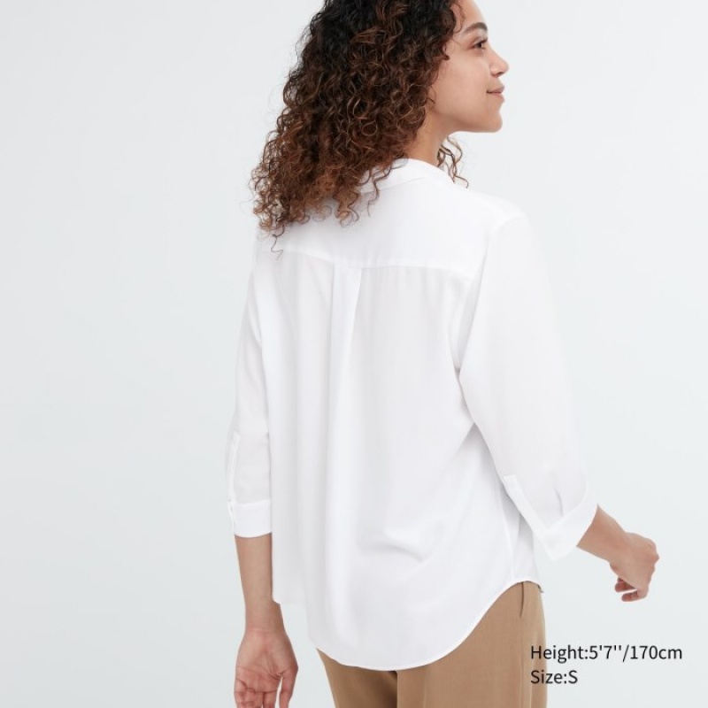 White Uniqlo Rayon Skipper Collar 3/4-Sleeve Women Blouse | 4372785