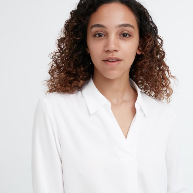 White Uniqlo Rayon Skipper Collar 3/4-Sleeve Women Blouse | 4372785
