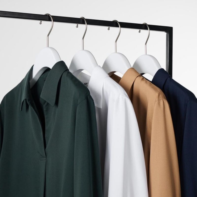 White Uniqlo Rayon Skipper Collar 3/4-Sleeve Women Blouse | 4372785