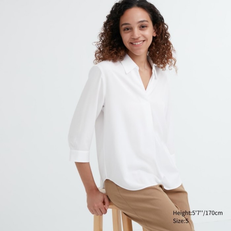 White Uniqlo Rayon Skipper Collar 3/4-Sleeve Women Blouse | 4372785