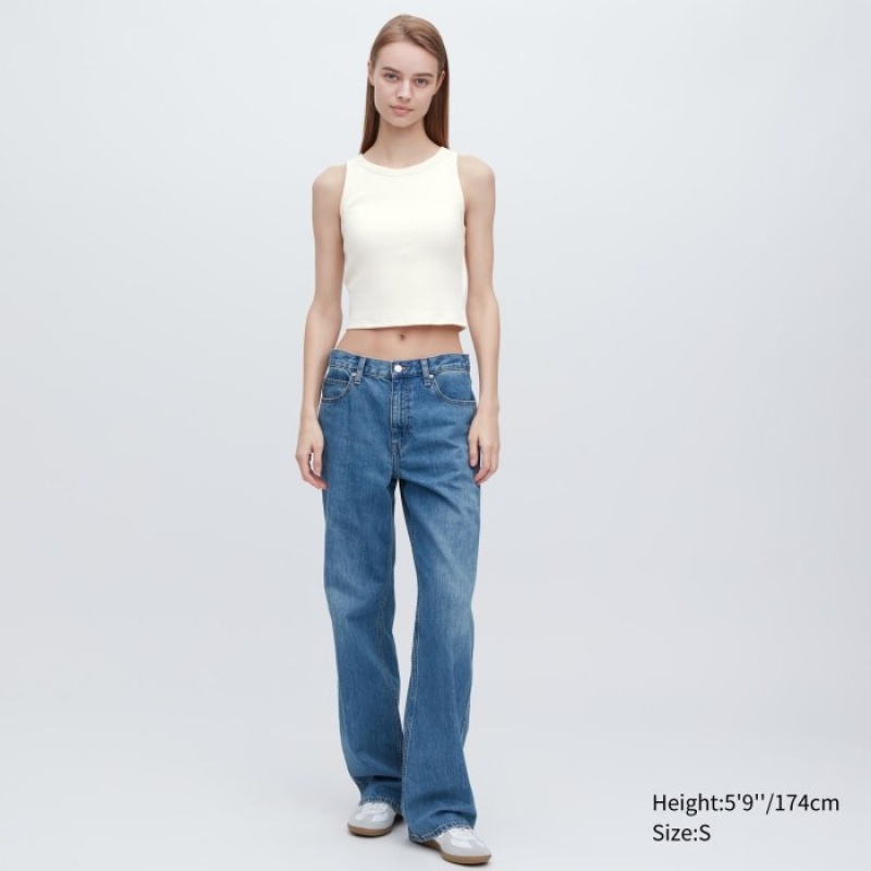 White Uniqlo Ribbed Cropped Sleeveless Women Tank Top | 769821