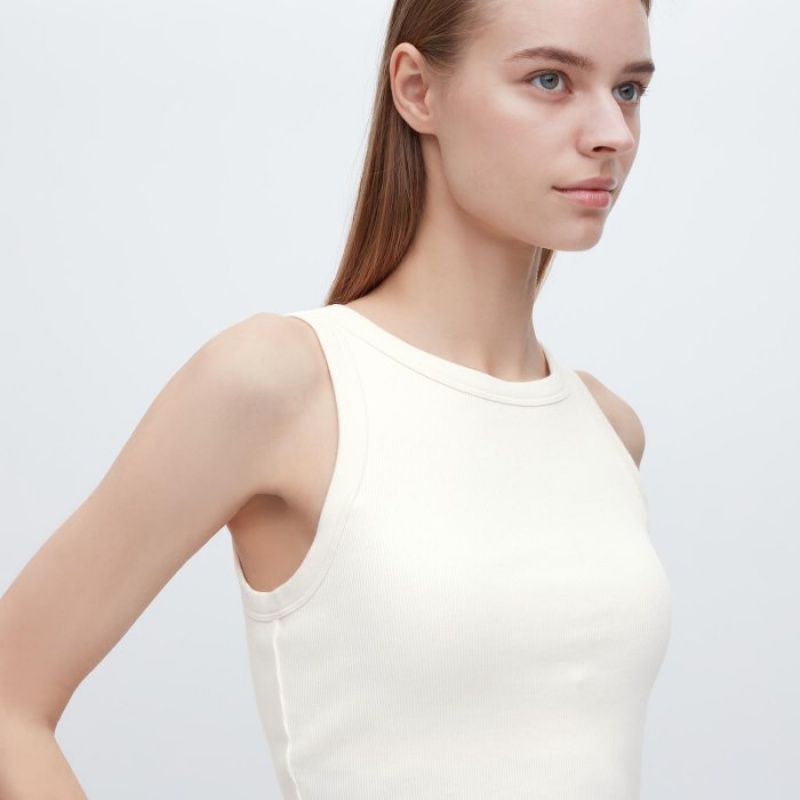 White Uniqlo Ribbed Cropped Sleeveless Women Tank Top | 769821