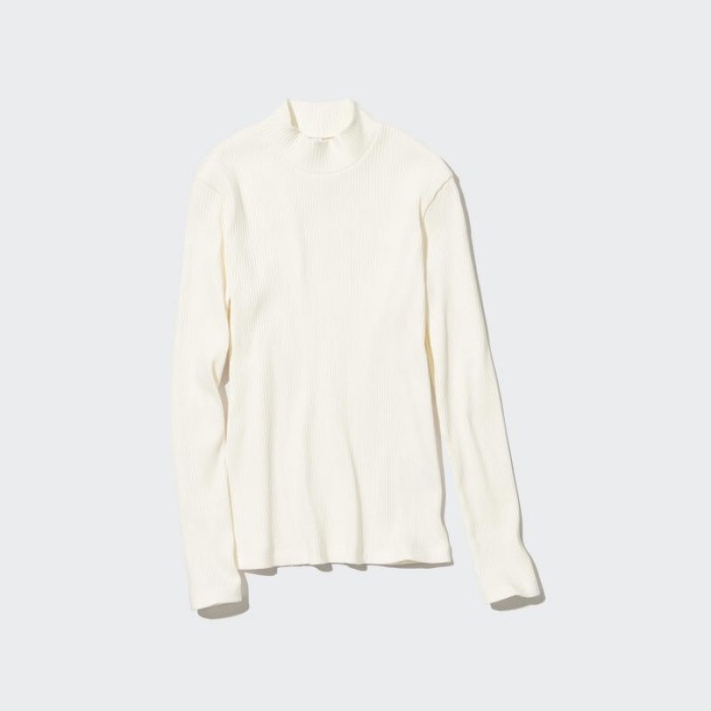 White Uniqlo Ribbed High Neck Long-Sleeve Women T Shirts | 4383421