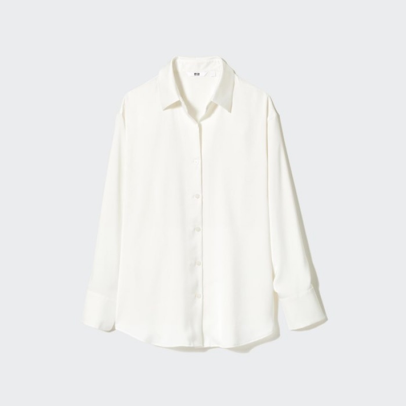White Uniqlo Satin Long-Sleeve Women Blouse | 5444038