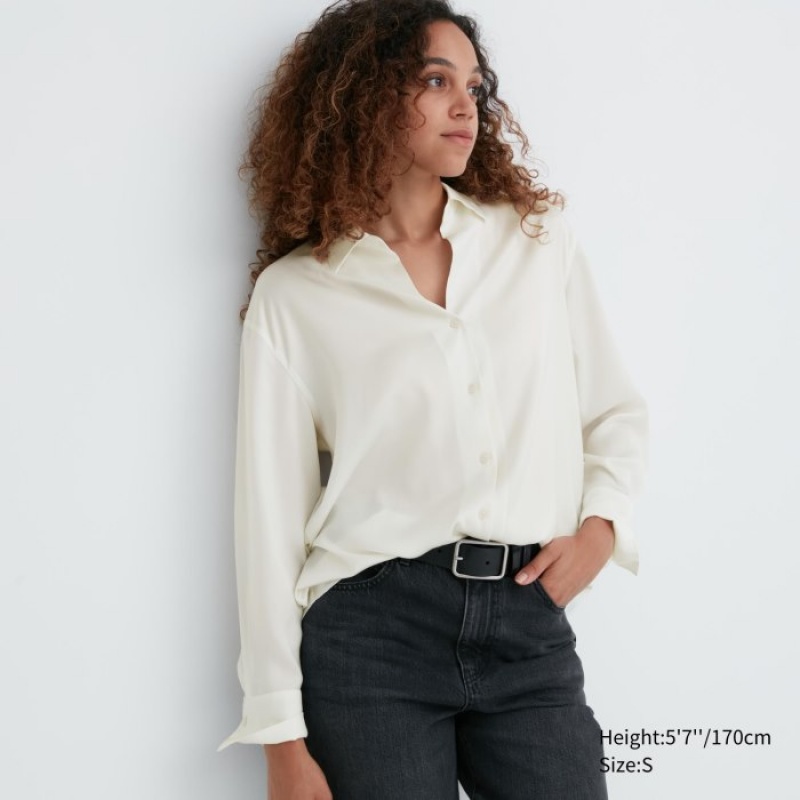 White Uniqlo Satin Long-Sleeve Women Blouse | 5444038