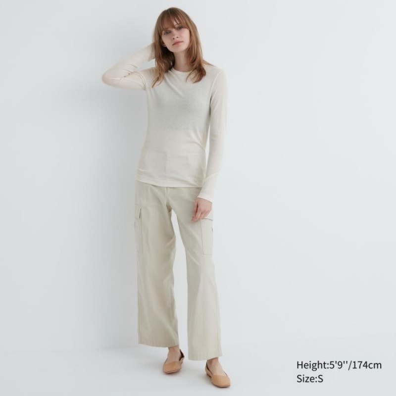 White Uniqlo Sheer Jersey Crew Neck Long-Sleeve Women T Shirts | 1438913