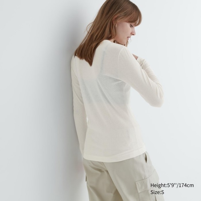 White Uniqlo Sheer Jersey Crew Neck Long-Sleeve Women T Shirts | 1438913