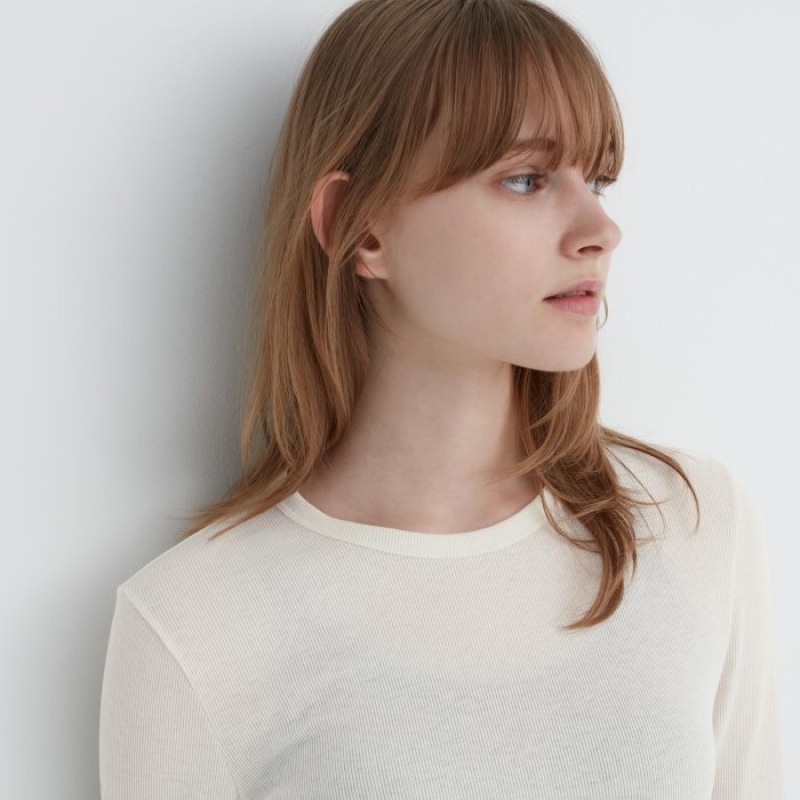 White Uniqlo Sheer Jersey Crew Neck Long-Sleeve Women T Shirts | 1438913