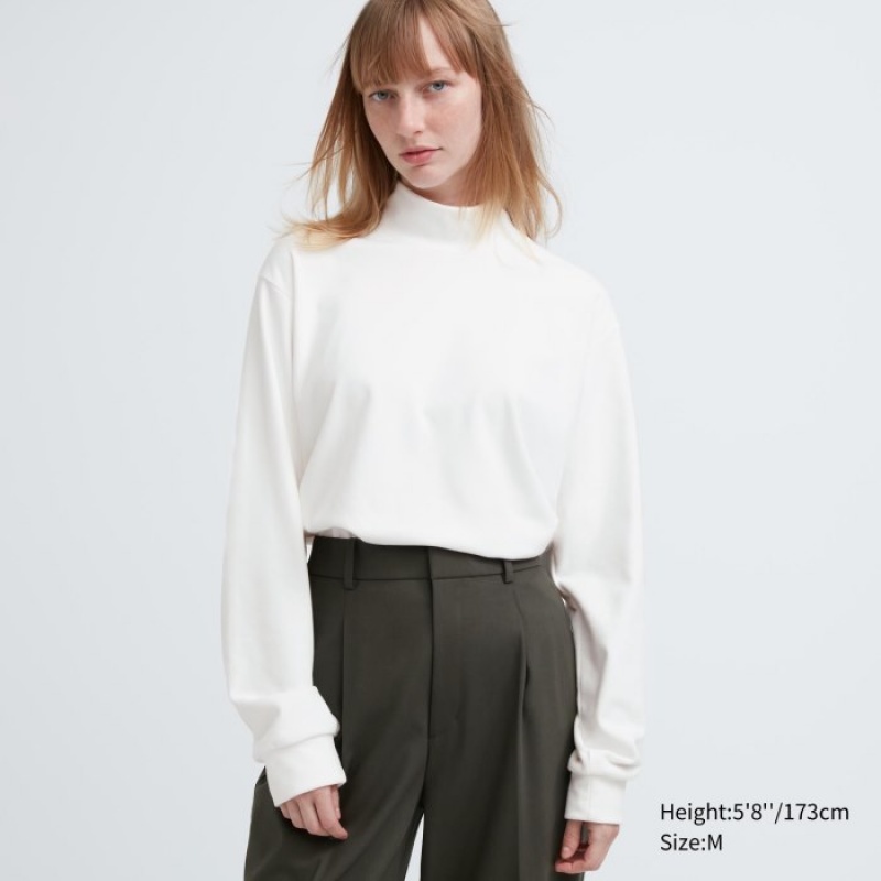 White Uniqlo Smooth Fleece Mock Neck Long-Sleeve Women T Shirts | 2336839