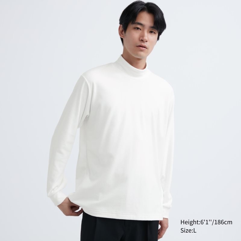 White Uniqlo Smooth Fleece Mock Neck Men T Shirts | 5526126