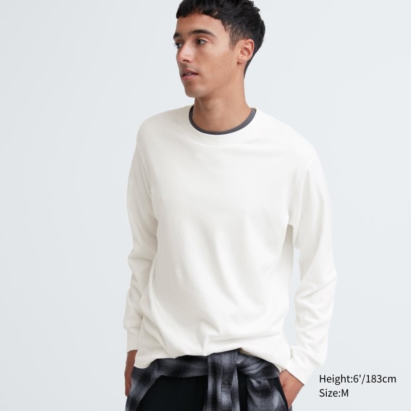 White Uniqlo Soft Brushed Crew Neck Long-sleeve Men T Shirts | 3035843