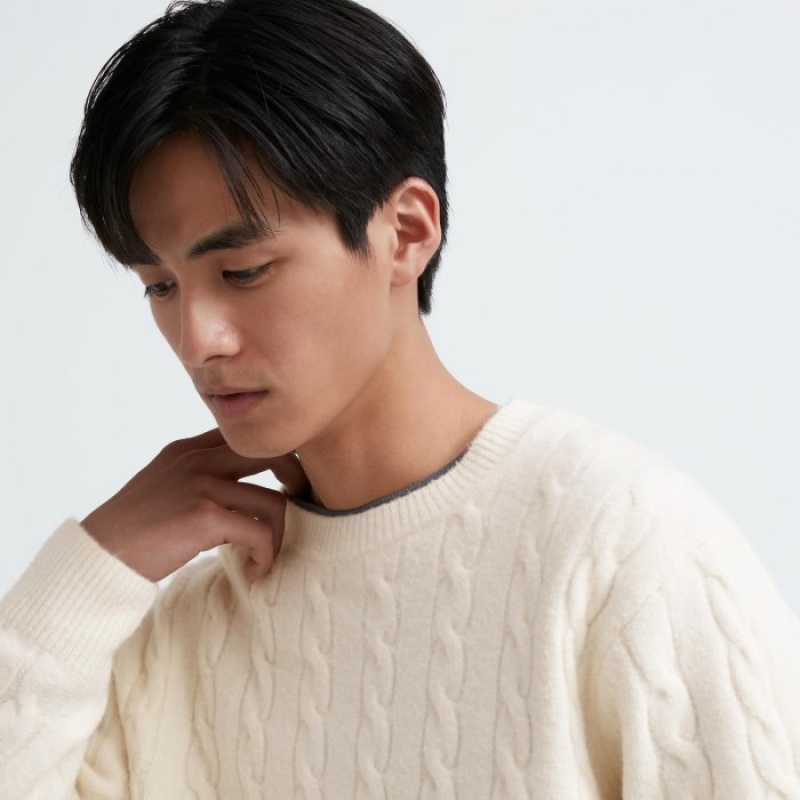 White Uniqlo Souffle Yarn Cable Crew Neck Long-Sleeve Women Sweaters | 111619