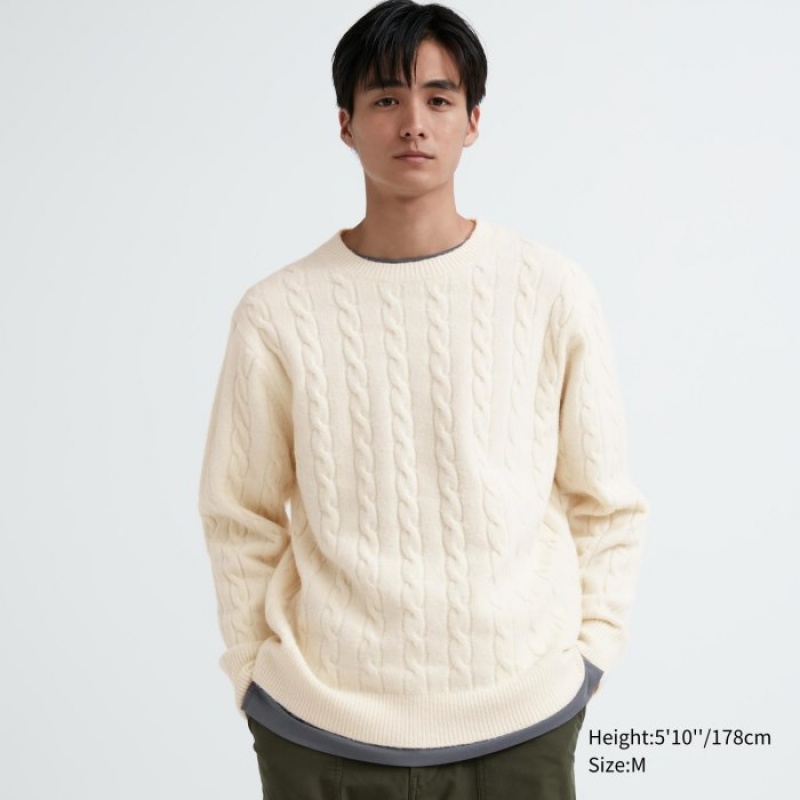 White Uniqlo Souffle Yarn Cable Crew Neck Long-Sleeve Women Sweaters | 111619