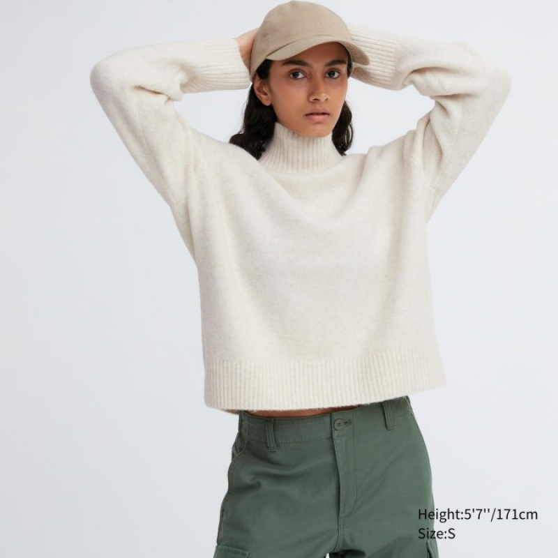 White Uniqlo Souffle Yarn High Neck Long-Sleeve Women Sweaters | 5632367