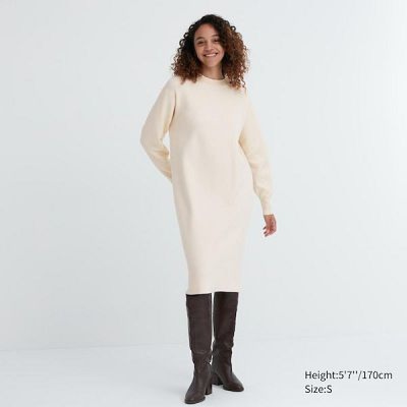 White Uniqlo Souffle Yarn Long-Sleeve Women Dress | 5297222