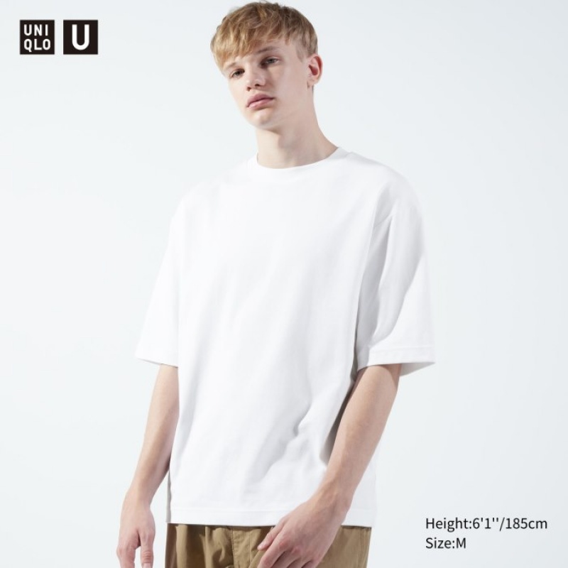 White Uniqlo U AIRism Cotton Oversized Crew Neck Half-Sleeve Women T Shirts | 6023095