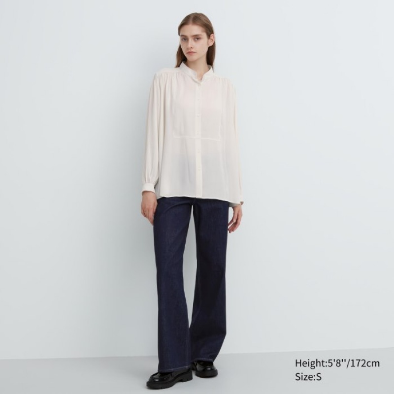 White Uniqlo Volume Long-Sleeve Women Blouse | 2266428