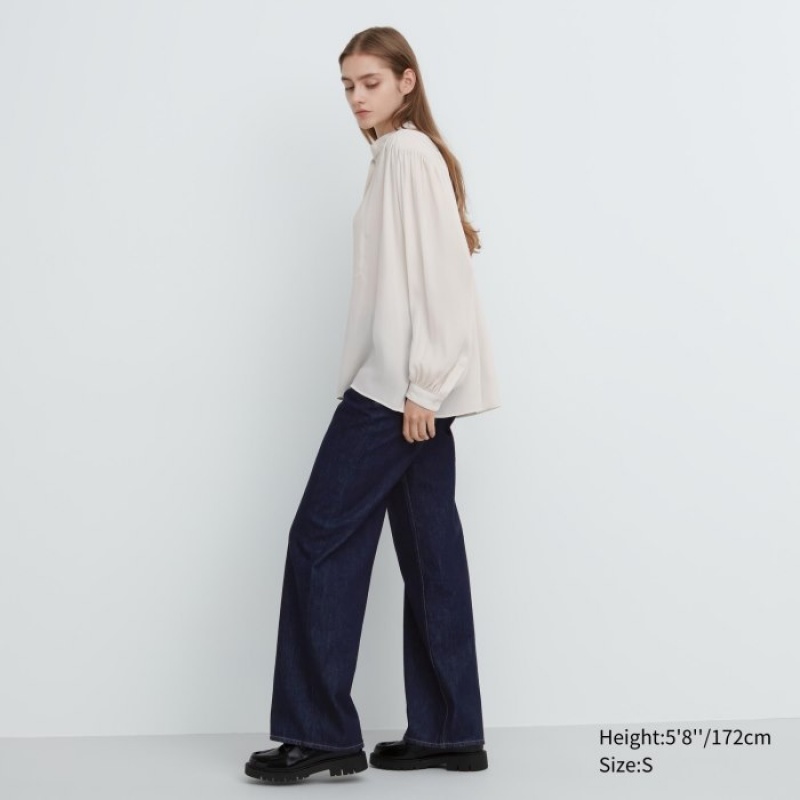 White Uniqlo Volume Long-Sleeve Women Blouse | 2266428