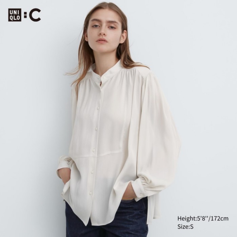 White Uniqlo Volume Long-Sleeve Women Blouse | 2266428